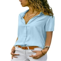 Колиша жени блуза ревера върхове с къс ръкав елегантен ваканционен бутон надолу туника риза син 3xl