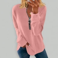 Strungten женски тениска солиден цвят кръгла шия половин цип дълъг ръкав топ летни върхове за жени модерни