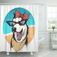 Портрет на сибирски хъски куче, носещ слънчеви очила и ретро лък декор за баня за баня за баня душ завеса