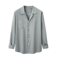 Ризи за копче за мъже, свободни прилепнали солидни цветове с дълъг ръкав джобна тениска нова ежедневна ежедневна блуза риза сива xxl