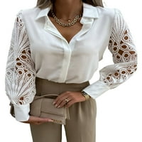 Pudcoco жени с дълъг ръкав риза с твърд цвят дантелено зашиване на копче за ревера блуза блуза