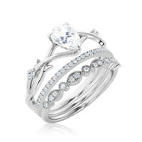 Boho & Hippie 2. Каратово круша Diamond Moissanite Уникален годежен пръстен, сватбен пръстен, вдъхновен и разклонен пръстен в стерлингово сребро с 18K подарък за покритие от бяло злато за нея, трио комплект