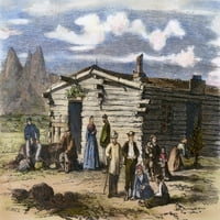 Семейство Мормон. Семейство На Мормон близо до Солт Лейк Сити. Гравиране на дърва, френски, 1871. Плакатен печат от