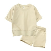Малко дете деца бебе момче момиче солиден памук пуловер с къс ръкав тениска с тениски екипаж на екипаж на върхове шорти комплект пролетни летни дрехи