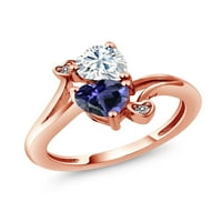 Gem Stone King 18K Rose Gold Plated Sterling Silver Blue Iolite Double Heart Ring за жени, поставени с moissanite