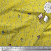 Soimoi Yellow Poly Georgette Fabric Blancl & Flycatcher Bird Decor Fabric Printed Yard Wide