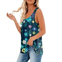 Просвещение летни блузи без ръкави за жени есен Crewneck Небрежни ризи Модни печат бутон Пуловер върхове ВМС XL