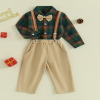 Малко дете бебе момчета джентълмен официален комплект за дрехи с дълъг ръкав на карирана риза с папило + панталони от окачване
