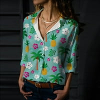 Zodggu Продажби туника блуза ризи за жени Лятна модерен градиент кленови листа от печат с дълъг ръкав Модни дами върхове тънък прилепнал ежедневен бутон надолу лапета женска свободно време зелено 12