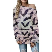 Симоидни дамски блузи- модна Хелоуин отпечатана блуза с дълъг ръкав Небрежна пуловер Топс Пуловери розови XL