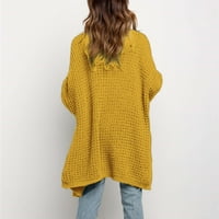 Пуловери за жени Кардиган Отворен фронт пачуърк жилетка с дълъг ръкав отворен предни плетани пуловери джобове жълти m