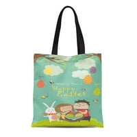 Платно тотална чанта Цветен персонаж щастливи деца, държащи кошница от великденски яйца Издръжлива чанта за хранителни стоки за пазаруване на рамо за многократна
