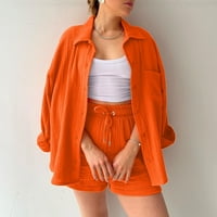 Wavsuf Женски комплекти в дрехи Небрежни върхове за връщане на теглене и къси панталони с дълъг ръкав оранжев два сета с размер s