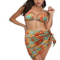 Жени бански костюм, сутиен за плуване бикини+кратка+пола, шик печат дълбок V Neck Cool Summer Beach -Beary