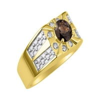 *Rylos Classic Starburst Design с кръгъл опушен кварц и диамантен пръстен - юни раждащ камък*14k жълто злато